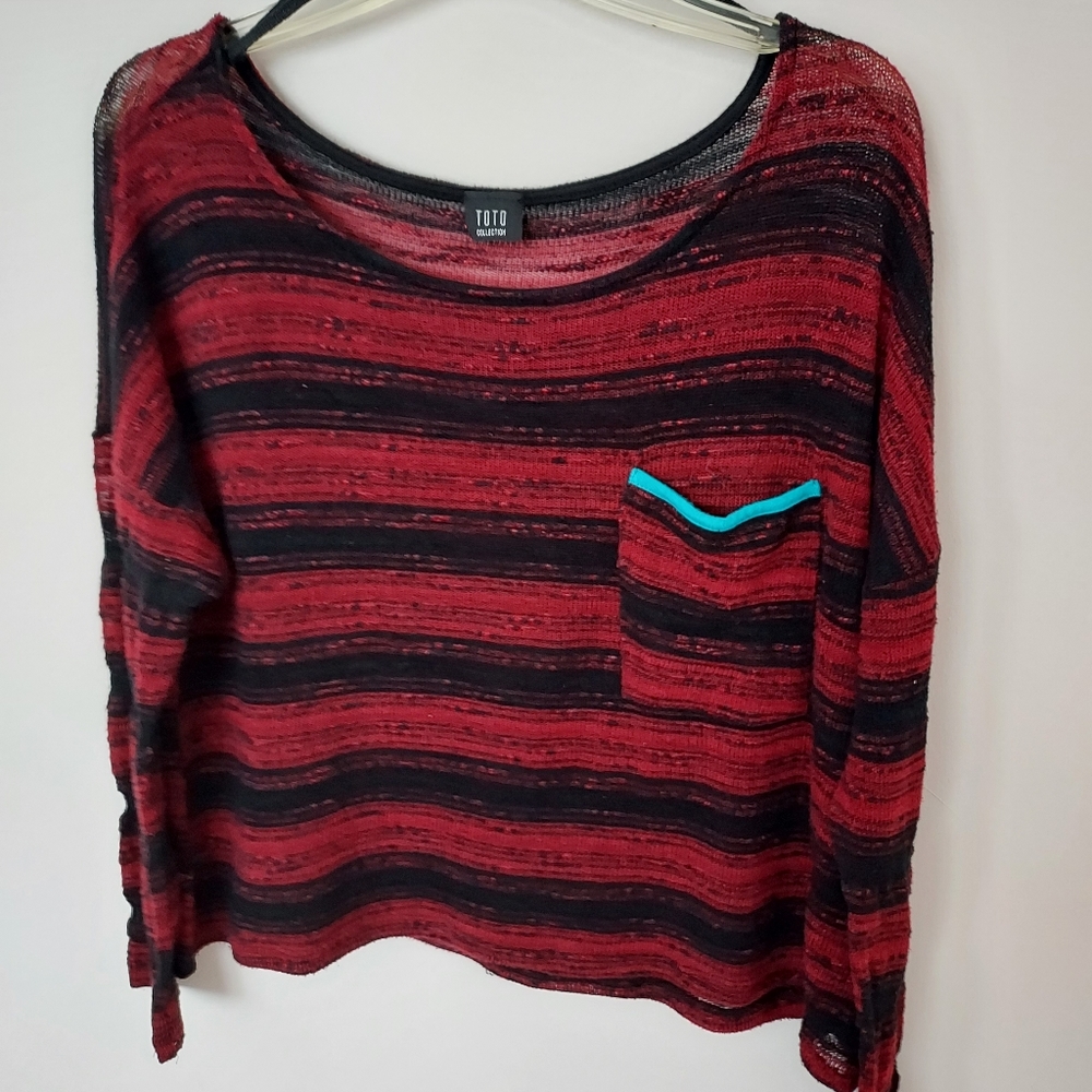 Toto Red & Black striped lightweight knit top Medium Goth Grunge Relaxed